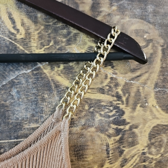 Almost Famous Tan BodyCon Dress With Gold Chain Straps Size M - Picture 3 of 5